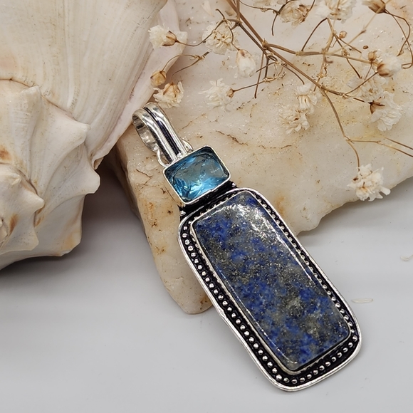 Nnatural Lapis/Blue Topaz Stone Silver 925 Pendant/Necklace - Picture 4 of 11